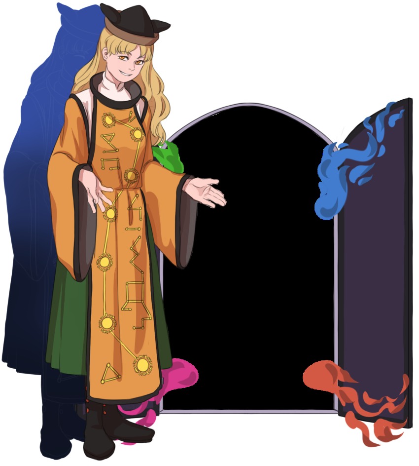 1girl big_dipper blonde_hair door dress fire full_body hat highres long_hair matara_okina mefomefo smile tabard touhou wide_sleeves yellow_eyes