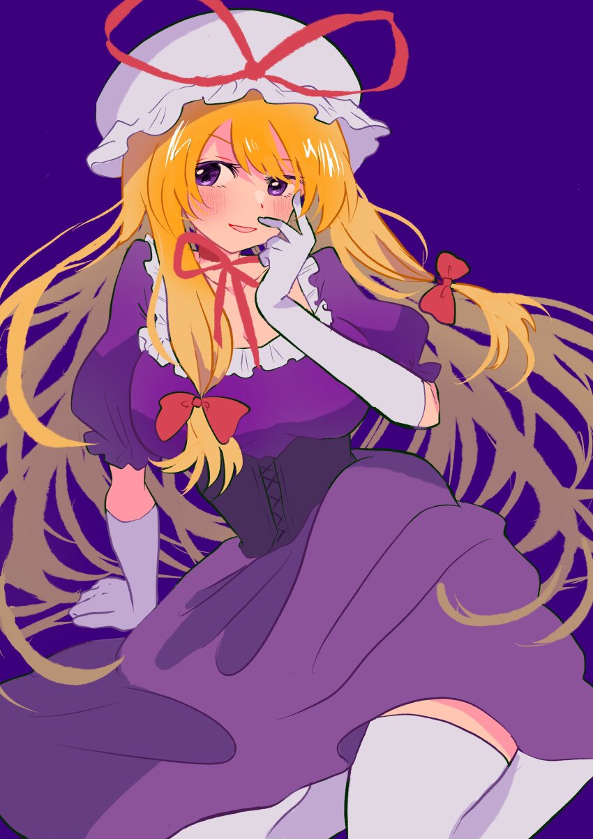 1girl absurdres blonde_hair blush booonyanyanya breasts choker dress elbow_gloves frills gloves hair_between_eyes hair_ribbon hat highres large_breasts long_hair mob_cap purple_background purple_dress purple_eyes ribbon ribbon_choker short_sleeves sitting smile solo thighhighs touhou white_thighhighs yakumo_yukari