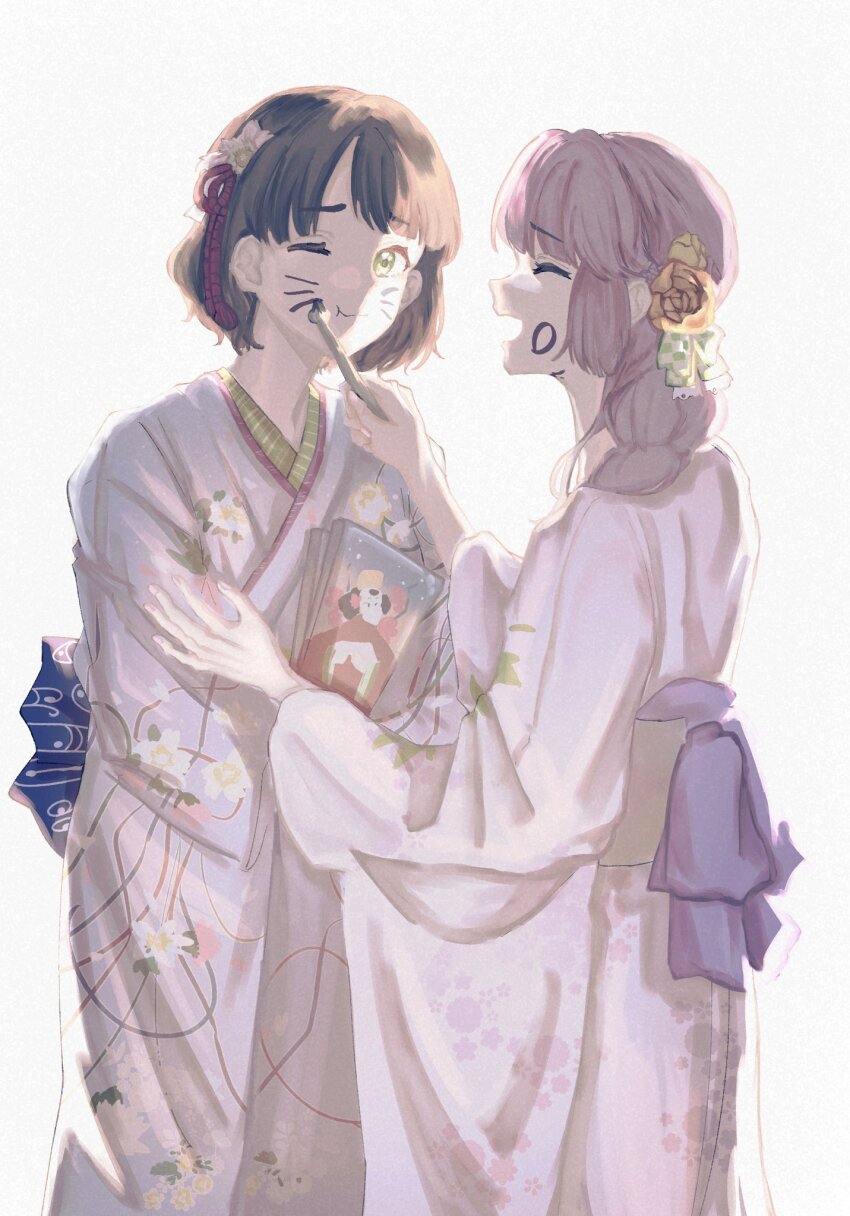 2girls :d ;t anyoji_hime black_hair blue_kimono blunt_bangs blunt_ends bob_cut braid braided_ponytail calligraphy_brush closed_mouth commentary cowboy_shot drawing_on_another&#039;s_face facepaint floral_print floral_print_kimono flower green_eyes hair_flower hair_ornament hair_over_shoulder hasu_no_sora_karuta_(love_live!) highres holding holding_calligraphy_brush holding_paintbrush japanese_clothes kimono link!_like!_love_live! long_hair love_live! mochi_(eaim88mi) momose_ginko multiple_girls obi official_alternate_costume open_mouth orange_flower paintbrush pink_hair print_kimono profile purple_kimono sash short_hair sidelocks simple_background single_braid smile swept_bangs virtual_youtuber white_background