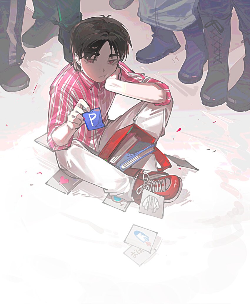 black_hair book boots card feet hand_on_own_chin highres hirasawa_susumu holding holding_card p-model real_life shirt shoes short_hair sitting sneakers solo_focus striped_clothes striped_shirt