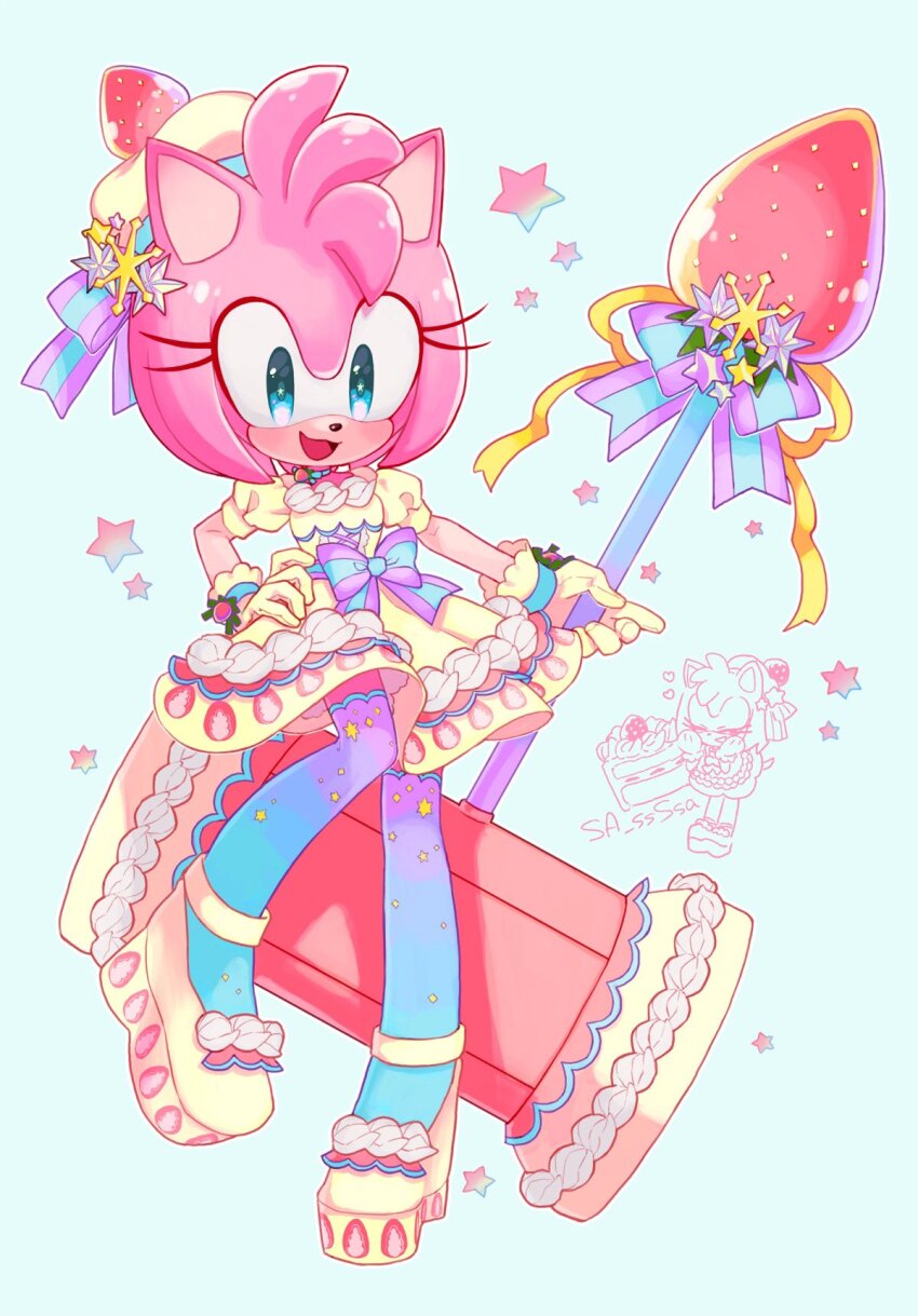 1girl :3 :d alternate_costume amy_rose animal_ears animal_nose blue_background blue_eyes blue_thighhighs bow dress food fruit furry furry_female gloves hammer hand_on_own_hip hat hedgehog_girl highres holding holding_hammer konjiki_ringo looking_at_viewer open_mouth pink_fur pink_hair purple_bow simple_background smile solo sonic_(series) standing star_(symbol) strawberry thighhighs whipped_cream yellow_dress yellow_footwear yellow_gloves