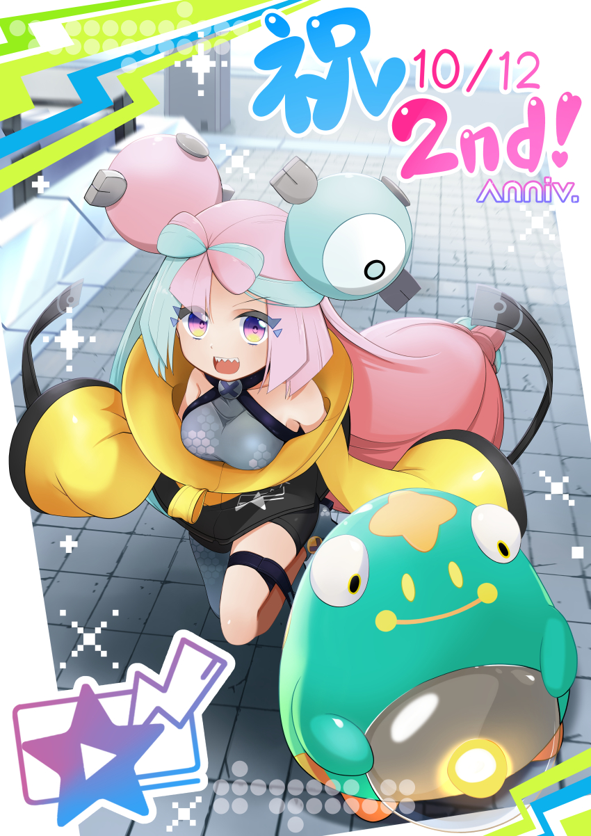 1girl absurdres bellibolt creatures_(company) game_freak highres iono_(pokemon) multicolored_hair nintendo open_mouth pink_eyes pink_hair pokemon pokemon_(creature) pokemon_sv poyoxis sharp_teeth teeth