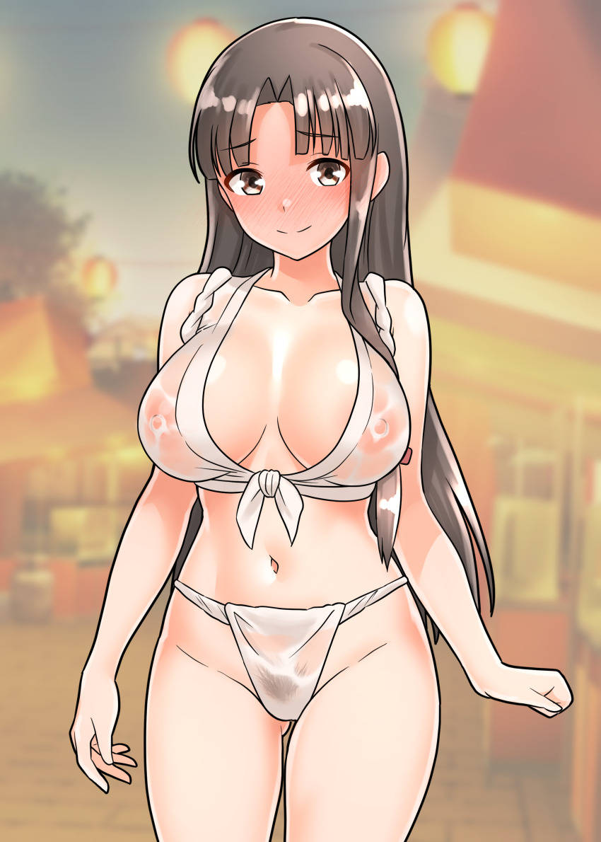 1girl absurdres black_hair blurry blurry_background breast_curtain breasts brown_eyes closed_mouth collarbone commentary_request cowboy_shot female_pubic_hair fundoshi furaggu_(frag_0416) highres japanese_clothes kantai_collection large_breasts long_hair looking_at_viewer navel outdoors pubic_hair see-through_fundoshi shouhou_(kancolle) smile solo standing stomach thighs variant_set