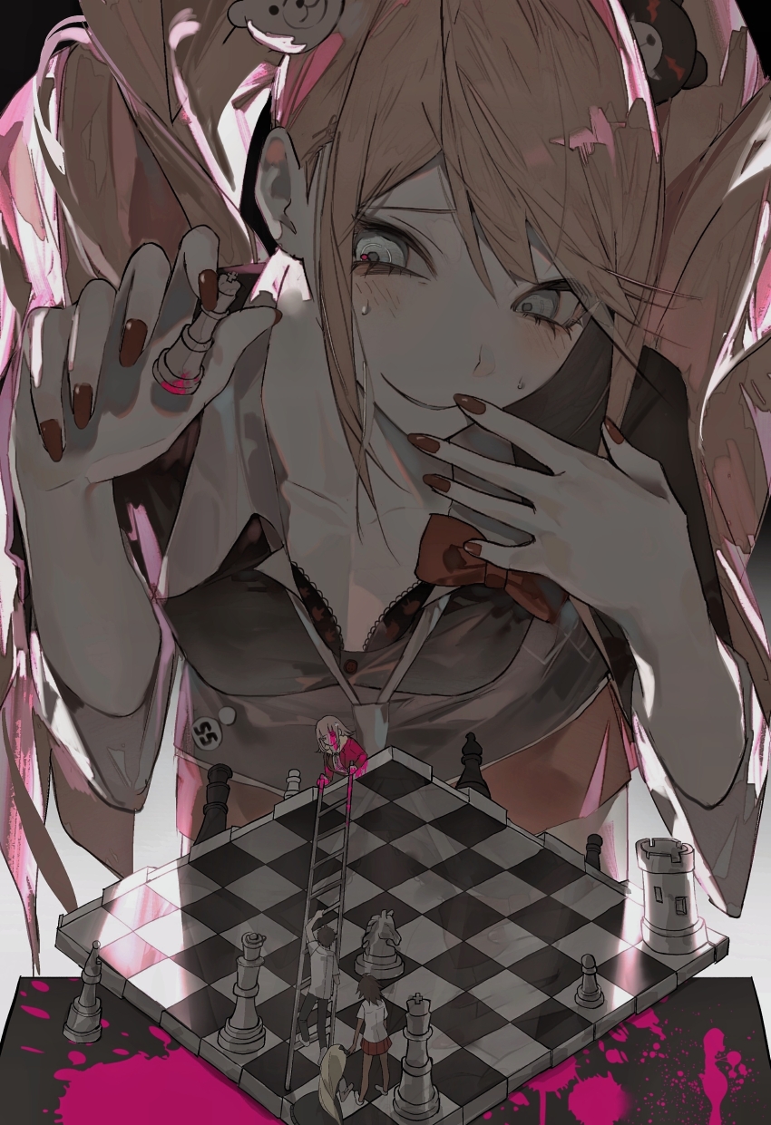 1boy 4girls absurdres bishop_(chess) black_pants blonde_hair blood board_game chess chess_piece climbing_ladder danganronpa:_trigger_happy_havoc danganronpa_(series) danganronpa_2:_goodbye_despair enoshima_junko highres hinata_hajime king_(chess) kiyoshi_st knight_(chess) ladder looking_down multiple_girls nanami_chiaki owari_akane pants pawn_(chess) perspective pink_blood pink_liquid red_nails red_skirt school_uniform shirt skirt sonia_nevermind white_shirt