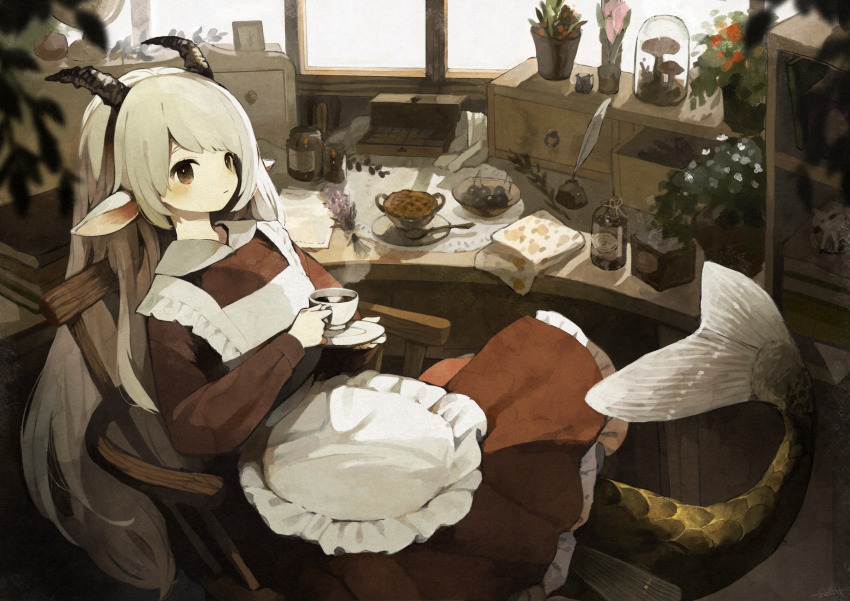 1girl animal_ears apron blush book book_stack brown_eyes cabinet candle capricorn_(zodiac) cherry closed_mouth coffee collared_dress commentary_request cup desk drawer dress fins fish_tail flower food frilled_apron frilled_dress frills fruit goat_ears goat_horns gradient_eyes grey_hair handkerchief highres holding holding_cup holding_saucer horns indoors inkwell jam long_hair long_sleeves looking_at_viewer mermaid monster_girl multicolored_eyes mushroom on_chair original paper pastry pie plant plate potted_plant quill red_dress sakutake_(ue3sayu) saucer scales sheep sitting solo spoon swept_bangs tail terrarium toy very_long_hair white_apron window wooden_chair zodiac