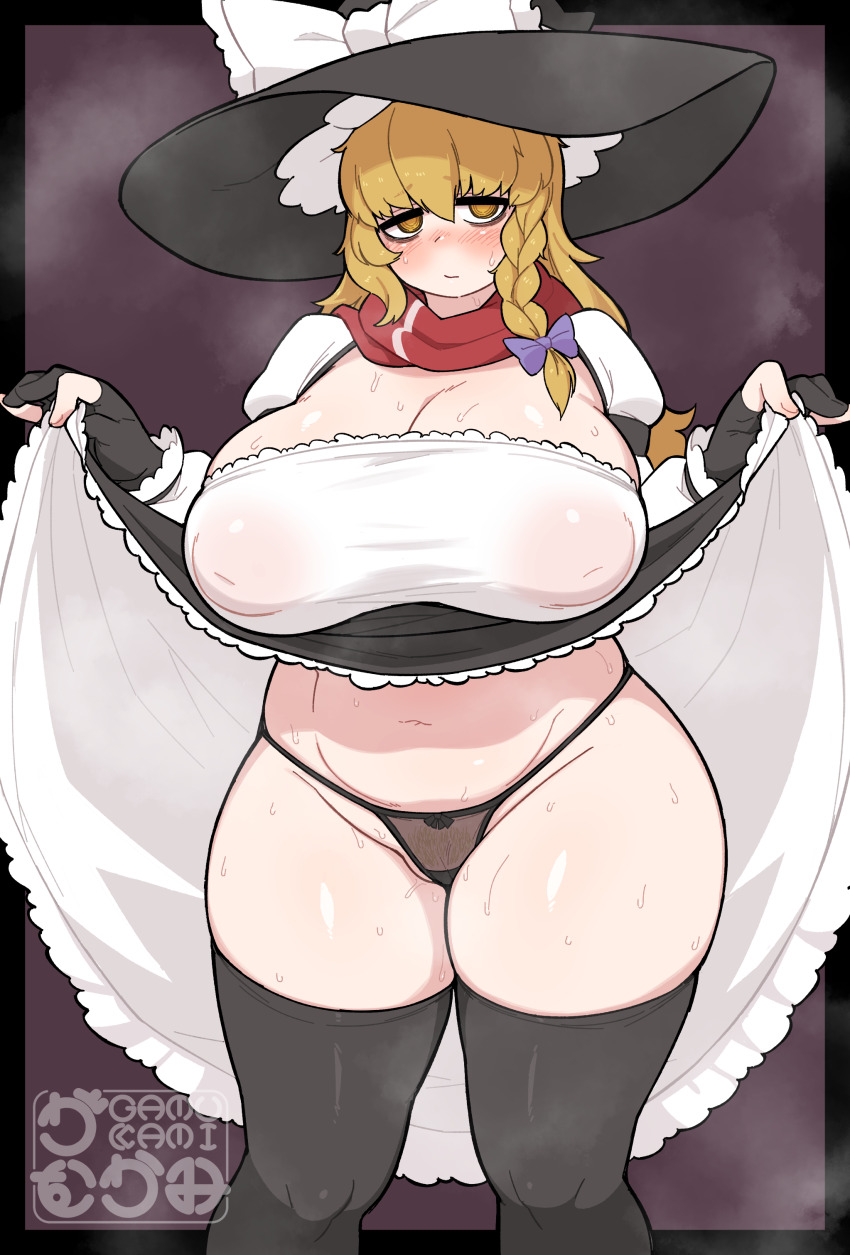 1girl absurdres artist_name black_gloves blonde_hair blush braid breasts cleavage closed_mouth clothes_lift commentary_request cookie_(touhou) covered_erect_nipples cowboy_shot dress dress_lift gamukami gloves hair_between_eyes head_tilt highres huge_breasts inverted_nipples kirisame_marisa looking_at_viewer mars_(cookie) navel puffy_nipples red_scarf scarf side_braid solo sweat tareme thick_thighs thighhighs thighs touhou yellow_eyes