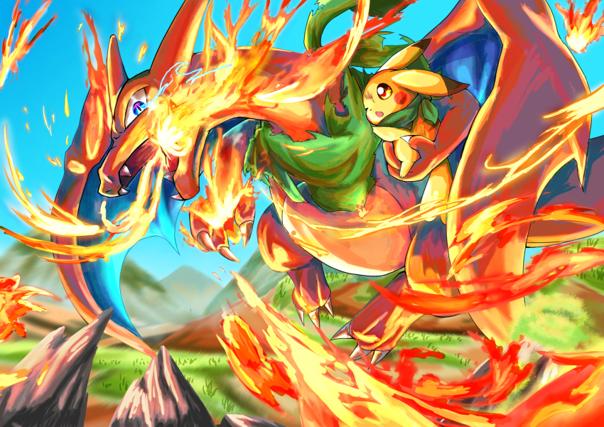 blue_eyes brown_eyes carrying charizard claws creatures_(company) fire flying game_freak gen_1_pokemon grass highres nintendo open_mouth pikachu pokemon pokemon_mystery_dungeon rock wings