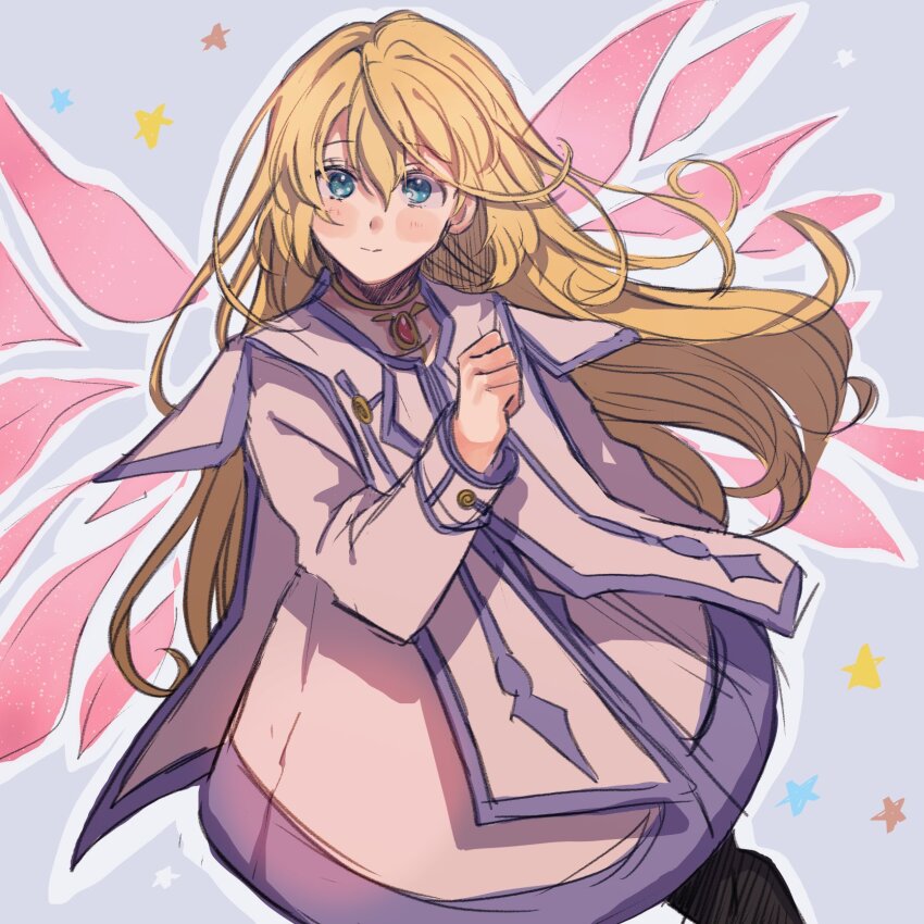 blonde_hair blue_eyes blush colette_brunel dress eyelashes highres jacket jewelry long_hair mochiringo86 pink_wings simple_background tales_of_(series) tales_of_symphonia white_dress white_jacket wings