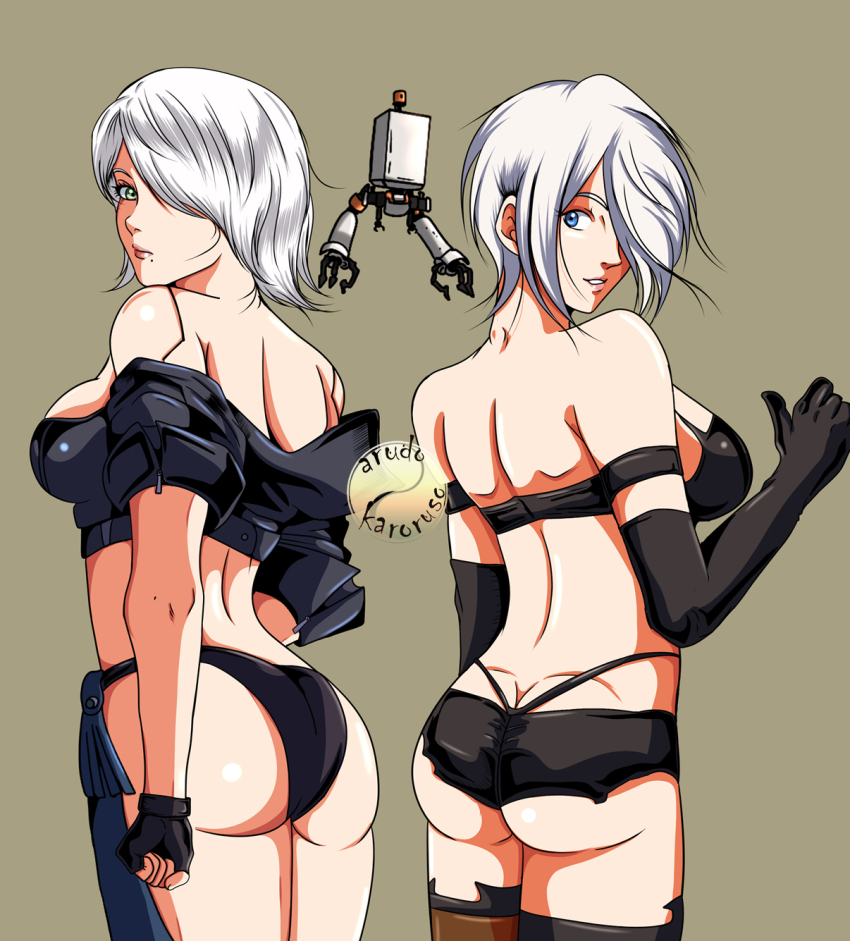 2b_(nier:automata) 2girls angel_(kof) ass blue_eyes breasts cosplay costume_switch crossover highres large_breasts midriff multiple_girls nier:automata nier_(series) pod_(nier:automata) shorts sideboob signature smile snk the_king_of_fighters thong video_game whale_tail_(clothing) white_hair