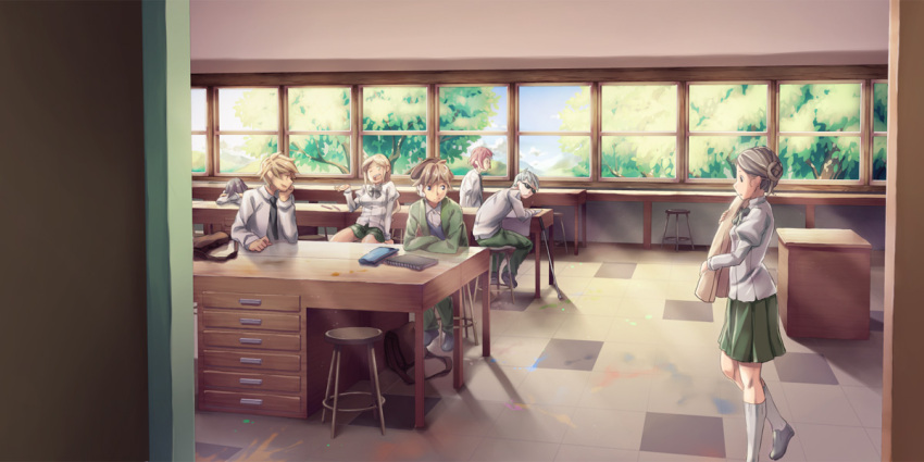 3boys 4girls artist_request black_bow black_bowtie black_hair black_necktie black_shoes blonde_hair blue_sky bow bowtie brown_bag brown_hair chiharu_(katawa_shoujo) closed_mouth collared_shirt day desk doorway enomoto_saki game_cg green_jacket green_pants grey_eyes grey_hair grey_shoes hand_up head_down holding indoors jacket katawa_shoujo kneehighs long_hair maeda_takashi multiple_boys multiple_girls necktie non-web_source official_art on_stool open_clothes open_jacket open_mouth pants red_hair school_uniform shirt short_hair sitting sky socks stool sunglasses table teeth tezuka_rin tree upper_teeth_only white_hair white_shirt white_socks window yamaku_high_school_uniform