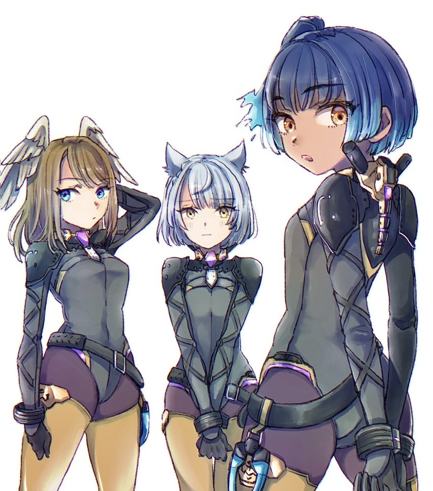 3girls animal_ears arm_up arms_behind_back blue_eyes blue_hair brown_eyes brown_hair cat_ears cosplay cropped_legs eunie_(xenoblade) fiery_hair gari_osushi grey_hair head_wings highres leotard medium_hair mio_(xenoblade) multicolored_hair multiple_girls official_alternate_costume own_hands_together segiri_(xenoblade) segiri_(xenoblade)_(cosplay) sena_(xenoblade) short_hair side_ponytail simple_background thighhighs two-tone_hair wings xenoblade_chronicles_(series) xenoblade_chronicles_3 yellow_eyes yellow_thighhighs