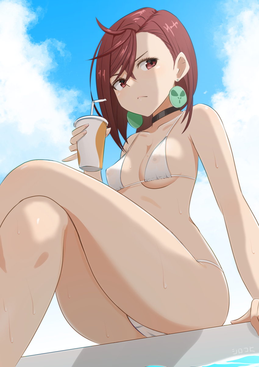 1girl absurdres ayase_momo bikini black_choker breasts brown_eyes brown_hair choker cup dandadan drinking_straw earrings highres holding holding_cup jewelry short_hair sirokohi solo swimsuit white_bikini