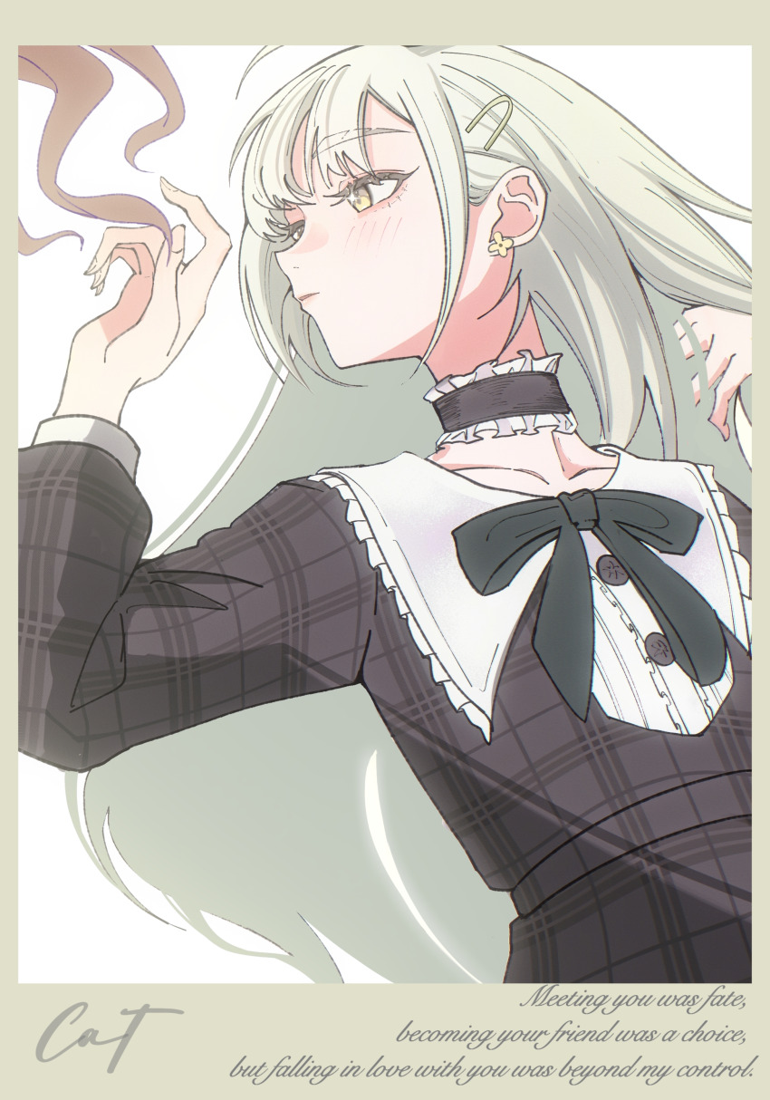 2girls absurdres bang_dream! bang_dream!_it&#039;s_mygo!!!!! black_choker black_dress border chinese_commentary choker closed_mouth commentary_request dress frilled_choker frills green_hair green_ribbon grey_border hair_ornament hairclip hand_up highres huaxue_maomi long_hair long_sleeves looking_to_the_side lying multiple_girls nagasaki_soyo neck_ribbon on_back out_of_frame reaching reaching_towards_another ribbon sidelocks signature solo_focus upper_body wakaba_mutsumi yellow_eyes