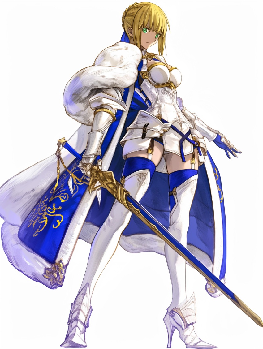 1girl ahoge armor armored_boots artoria_pendragon_(fate) blonde_hair blue_cape boots braid breasts cape cleavage closed_mouth clothing_cutout dress fate/grand_order fate/stay_night fate_(series) full_body fur-trimmed_cape fur_trim gauntlets green_eyes hair_ribbon holding holding_sword holding_weapon medium_breasts ribbon saber_(fate) simple_background stomach_cutout sword weapon white_background