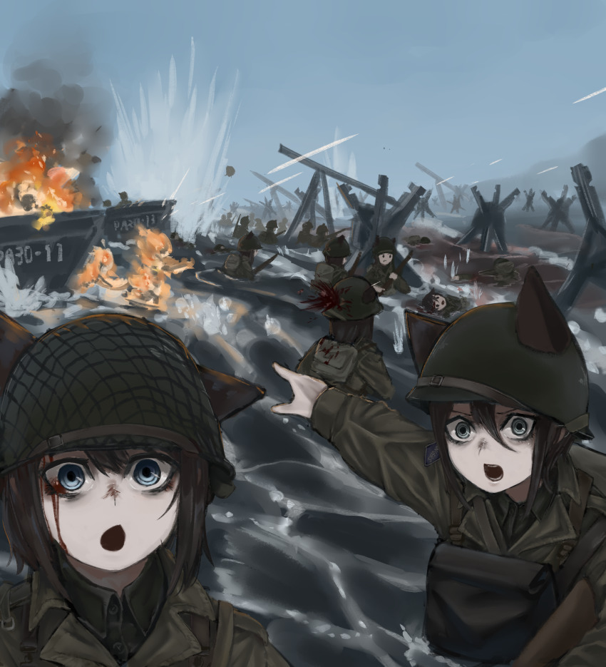 6+girls animal_ears bags_under_eyes beach blood blue_eyes brown_hair burning combat_helmet corpse czech_hedgehog day death fire green_eyes hair_between_eyes helmet highres landing_craft meme military military_uniform multiple_girls omaha_beach original outdoors partially_submerged short_hair soldier two_soyjaks_pointing_(meme) user_dhcx5474 water world_war_ii