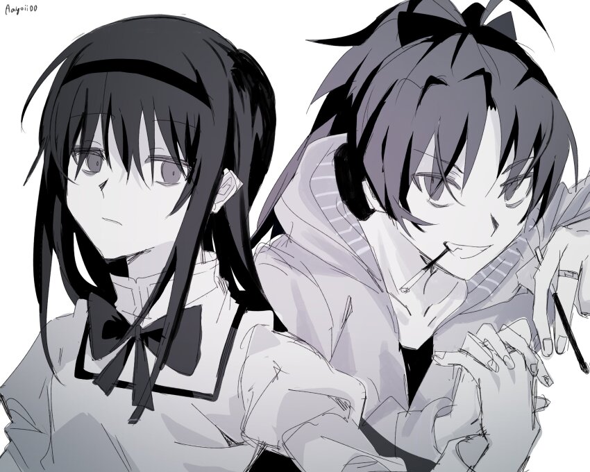 2girls akemi_homura axy_cang food food_in_mouth greyscale highres hood hoodie long_hair looking_at_viewer mahou_shoujo_madoka_magica mitakihara_school_uniform monochrome multiple_girls pocky pocky_in_mouth ponytail sakura_kyoko school_uniform upper_body