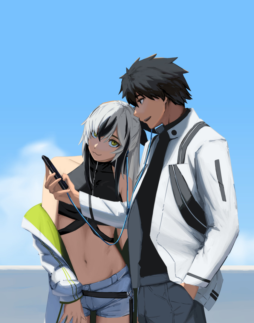 1boy 1girl :3 bare_shoulders black_hair black_ribbon black_shirt blue_shorts blue_sky cellphone crop_top earphones fate/grand_order fate_(series) fujimaru_ritsuka_(male) green_eyes green_jacket hand_in_pocket highres holding holding_phone jacket listening_to_music midriff multicolored_clothes multicolored_hair navel open_clothes open_jacket paperpillar phone ribbon shared_earphones shirt short_shorts shorts sky sleeveless sleeveless_turtleneck smartphone turtleneck uesugi_kenshin_(second_ascension)_(fate) white_hair white_jacket