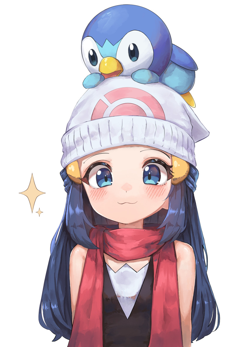 1girl :3 absurdres aqua_eyes beanie black_hair black_shirt blush closed_mouth commentary_request creatures_(company) dawn_(pokemon) eyelashes game_freak gen_4_pokemon hair_ornament hairclip hat highres korean_commentary long_hair looking_at_viewer nintendo on_head pink_scarf piplup pokemon pokemon_(creature) pokemon_dppt pokemon_on_head rtb_(jbsb8423) scarf shirt sidelocks sleeveless sleeveless_shirt smile sparkle tareme upper_body white_background white_headwear