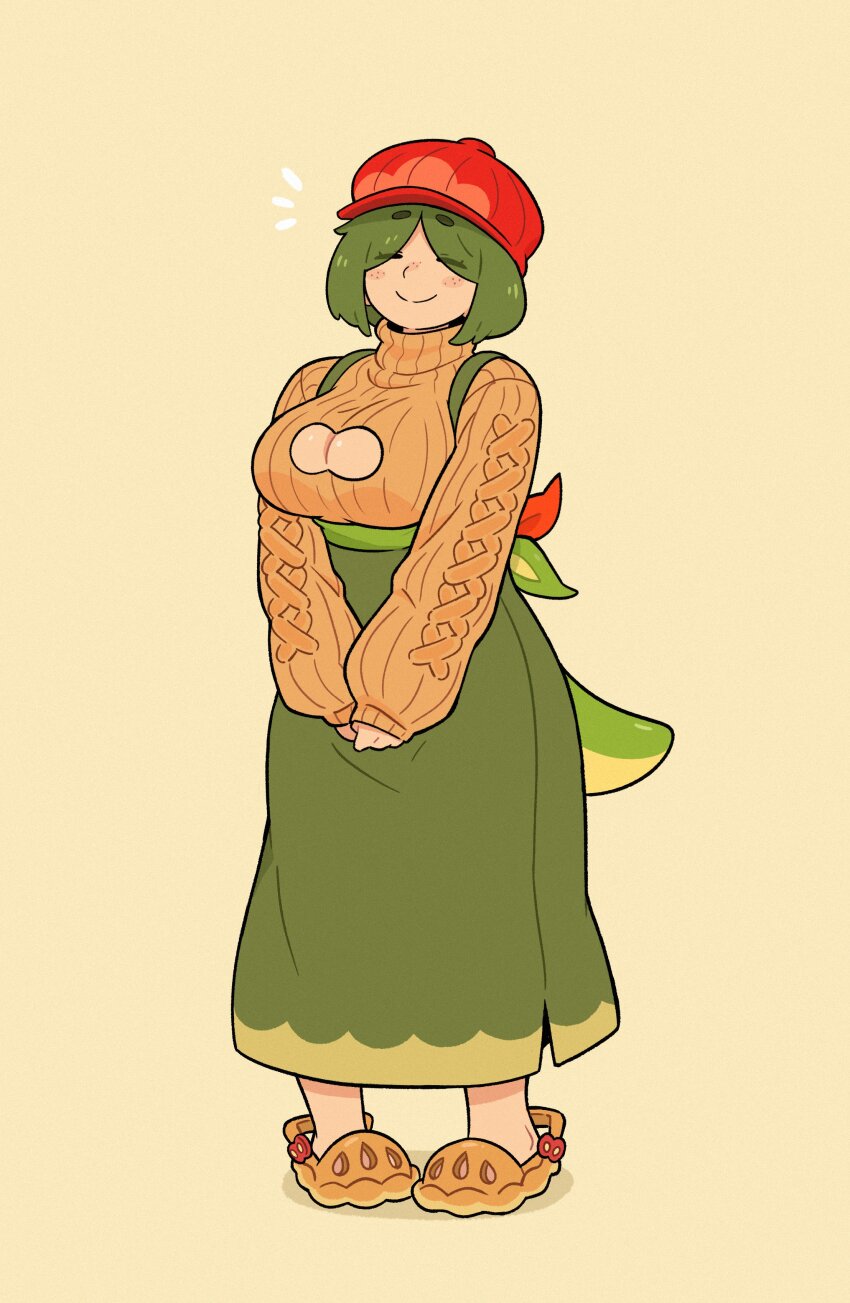 1girl absurdres apple appletun blush breasts brown_footwear cleavage_cutout closed_eyes clothing_cutout commentary creatures_(company) crocs doodlelotl english_commentary food food-themed_clothes food-themed_hat freckles fruit game_freak gen_8_pokemon green_hair green_skirt green_tail highres large_breasts light_smile long_skirt mature_female nintendo own_hands_together personification pie pokemon short_hair simple_background skirt solo sweater turtleneck