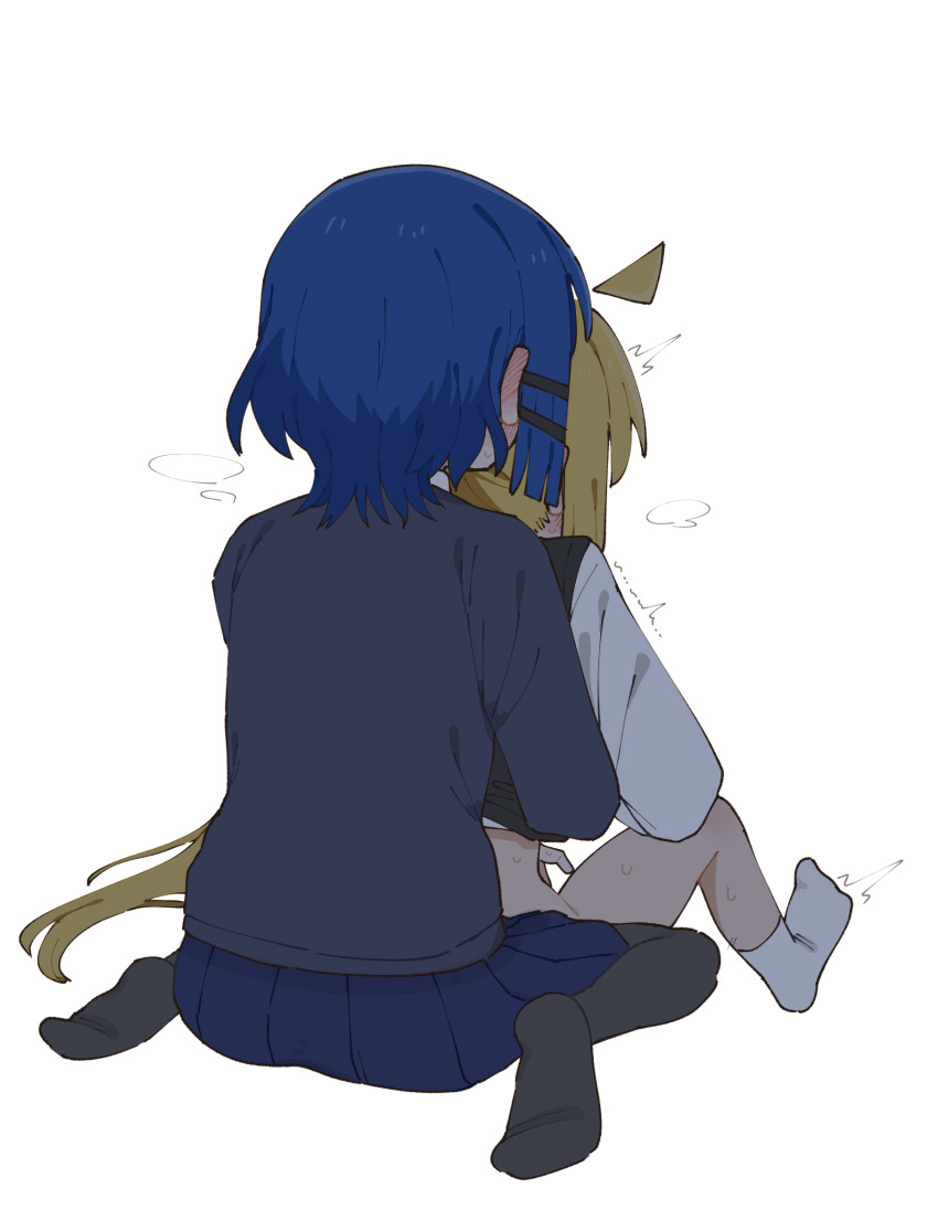 2girls ahoge bad_id bad_pixiv_id black_pantyhose black_sweater black_vest blonde_hair blue_hair blue_skirt blush bocchi_the_rock! bottomless chikyuu_marusugi commentary_request ear_blush facing_away fingering fingering_from_behind front-to-back full_body hair_ornament hairclip highres ijichi_nijika long_hair long_sleeves multiple_girls no_shoes pantyhose pleated_skirt school_uniform shirt short_hair simple_background sitting skirt socks sweater twitching vest wariza white_background white_shirt white_socks yamada_ryo yuri