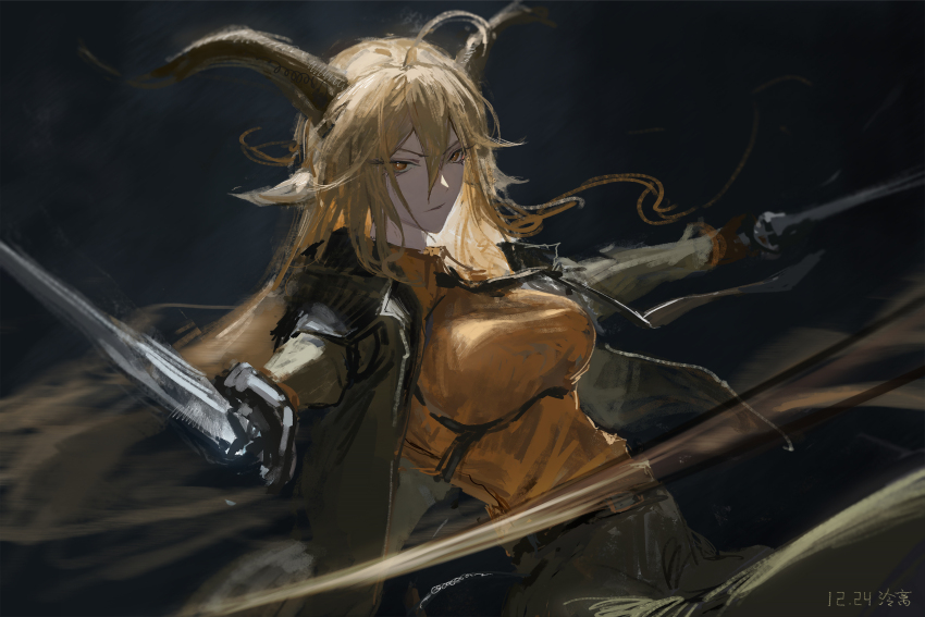 1girl animal_ears arknights belt_chain black_gloves blonde_hair breasts cowboy_shot degenbrecher_(arknights) gloves goat_ears goat_girl goat_horns green_pants hair_between_eyes highres holding holding_sword holding_weapon horns jacket large_breasts lingear long_hair long_sleeves looking_at_viewer necktie orange_shirt pants shirt solo sword very_long_hair weapon yellow_eyes