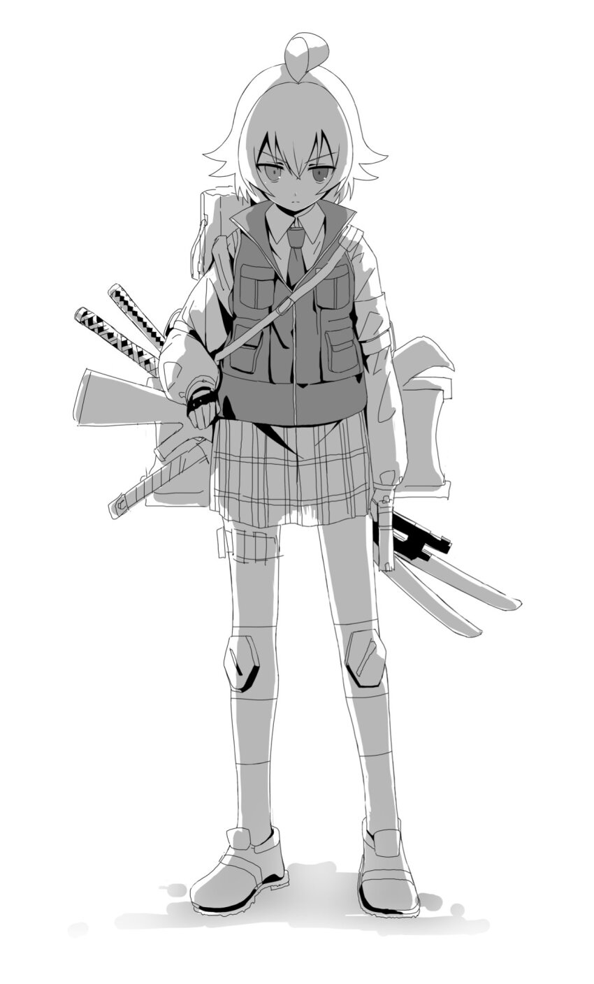 1girl ahoge aok_(qinejam_aoki) arm_at_side backlighting bag blue_archive collared_shirt duffel_bag fingerless_gloves full_body glaring gloves greyscale gun hair_flaps handgun heterochromia highres holding holding_gun holding_weapon hoshino_(blue_archive) hoshino_(young)_(blue_archive) katana knee_pads long_sleeves looking_at_viewer monochrome necktie plaid_clothes plaid_skirt sheath sheathed shirt shoes short_hair shotgun shoulder_bag simple_background skirt sneakers socks solo standing sword v-shaped_eyebrows vest weapon weapon_on_back