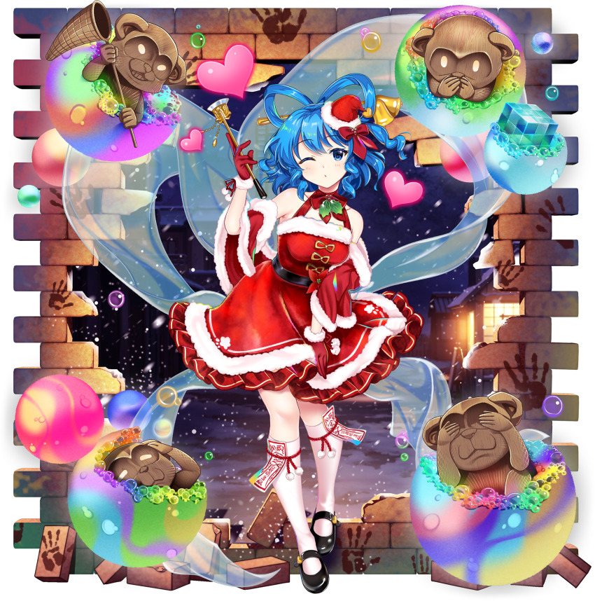 1girl alternate_costume bell blue_eyes blue_hair bow bowtie breasts brick_wall butterfly_net chisel detached_sleeves dress drill_hair drill_sidelocks fur-trimmed_dress fur-trimmed_gloves fur-trimmed_sleeves fur_trim game_cg gloves hagoromo hair_bell hair_ornament hair_rings hair_stick hand_net handprint hat heart highres kaku_seiga kaku_seiga_(no_chimney_no_problem) kneehighs looking_at_viewer mary_janes mini_hat mini_santa_hat official_art ofuda one_eye_closed red_bow red_bowtie red_dress red_gloves red_hat rotte_(1109) santa_costume santa_hat shawl shoes sidelocks snowflakes socks solo third-party_source three_monkeys touhou touhou_lostword transparent_background white_socks