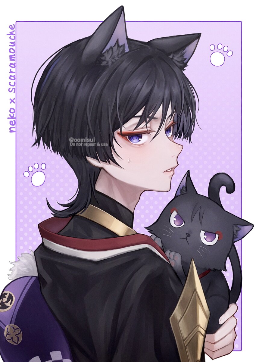 1boy absurdres black_fur black_hair black_shirt blush cat genshin_impact hair_between_eyes highres japanese_clothes male_focus oomisou purple_background purple_eyes scaramouche_(cat)_(genshin_impact) scaramouche_(genshin_impact) scaramouche_(shouki_no_kami)_(genshin_impact) shirt short_hair simple_background solo white_background