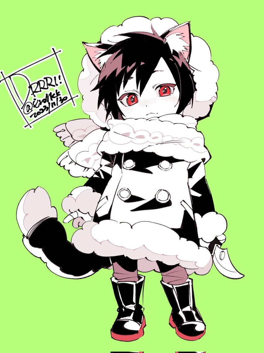 1boy animal_ear_fluff animal_ears boots closed_mouth coat dated dot_nose durarara!! eromkk fur-trimmed_coat fur-trimmed_hood fur-trimmed_sleeves fur_trim green_background hair_between_eyes highres holding holding_knife holding_weapon hood hood_up hooded_coat kemonomimi_mode knife limited_palette long_coat long_sleeves looking_at_viewer male_focus orihara_izaya pants red_eyes scarf short_hair simple_background solo standing tail twitter_username wavy_mouth weapon