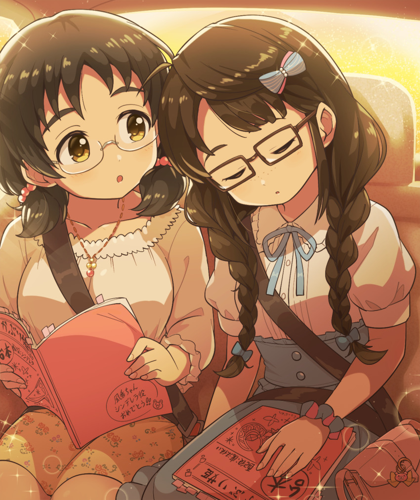 2girls aopanda asano_fuka bag bag_charm blue_skirt blush bow braid brown-framed_eyewear brown_eyes car_interior charm_(object) freckles glasses hair_bobbles hair_bow hair_ornament handbag highres idolmaster idolmaster_cinderella_girls jewelry long_hair multiple_girls necklace okuyama_saori scrunchie shirt short_hair short_sleeves sitting skirt sleeping sparkle twin_braids white_shirt wrist_scrunchie