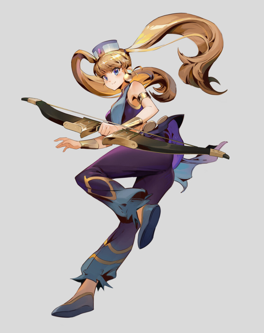 absurdres aisha_sari_edonas bare_shoulders blonde_hair blue_eyes bow_(weapon) earrings full_body gold_earrings gold_wrist_cuffs hat highres holding holding_bow_(weapon) holding_weapon jewelry multicolored_hair official_art pants parachute_pants purple_pants sash shoulder_strap simple_background slippers solo song26929 streaked_hair twintails weapon white_background wrist_cuffs ys ys_altago ys_seven