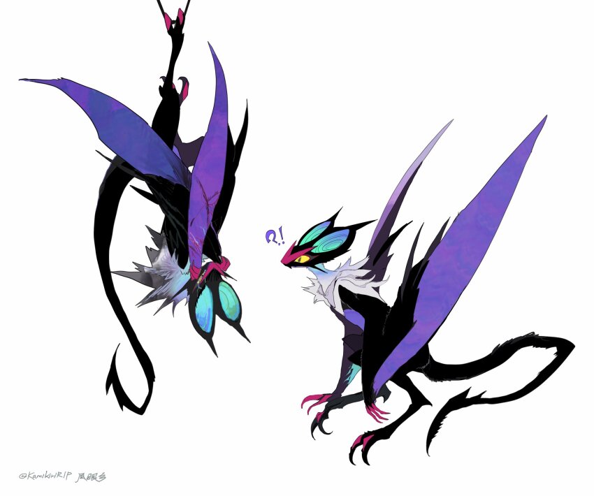 !? animal_ears animal_focus artist_name bat_ears bat_wings black_fur black_tail claws colored_sclera creature_focus full_body gen_6_pokemon highres kamikiririp no_humans noivern original pokemon pokemon_(creature) pokemon_focus purple_wings upside-down white_background white_fur wings yellow_sclera