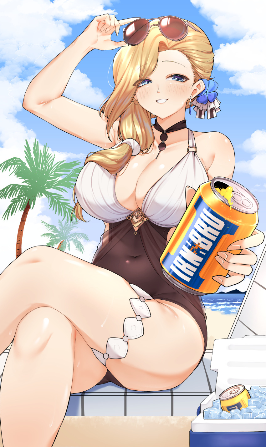 1girl absurdres adjusting_eyewear azur_lane bare_shoulders beach blonde_hair blue_eyes breasts can cleavage collarbone drink_can eyewear_on_head flower foam grin hair_flower hair_ornament hand_on_own_thigh highres holding holding_can hood_(azur_lane) hood_(lady_of_the_shining_sun)_(azur_lane) incoming_drink irn-bru jewelry kghazir large_breasts long_hair necklace official_alternate_costume outdoors smile soda_can sunglasses swimsuit thigh_strap