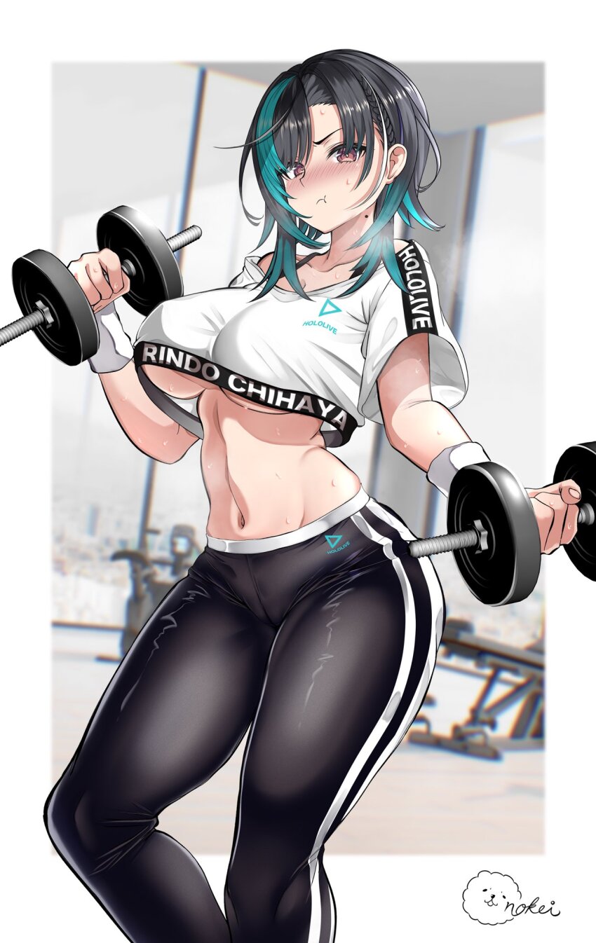 1girl :t aqua_hair black_hair black_pants blurry blurry_background blush breasts character_name clothes_writing collarbone copyright_name crop_top crop_top_overhang cropped_shirt double_vertical_stripe dumbbell exercising gym highres holding holding_dumbbell hololive hololive_dance_practice_uniform hololive_dev_is inokeiwd large_breasts linea_alba looking_at_viewer medium_hair mole mole_on_neck multicolored_hair navel pants pout red_eyes rindo_chihaya shirt signature solo stomach streaked_hair sweat thighs toned toned_female underboob virtual_youtuber weightlifting white_background white_hair white_shirt workout_clothes wristband