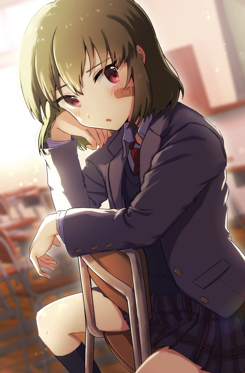 1girl bandaid bandaid_on_face black_socks black_sweater_vest blazer blurry blurry_background blush chair chalkboard classroom desk elbow_rest green_hair grey_jacket grey_skirt headset highres idolmaster idolmaster_million_live! idolmaster_million_live!_theater_days jacket light_particles long_sleeves looking_at_viewer miniskirt miyagi nagayoshi_subaru necktie on_chair open_clothes open_jacket parted_lips plaid_clothes plaid_skirt pleated_skirt red_eyes red_necktie school_chair school_desk school_uniform shirt short_hair sitting skirt socks solo sunlight sweater_vest white_shirt window