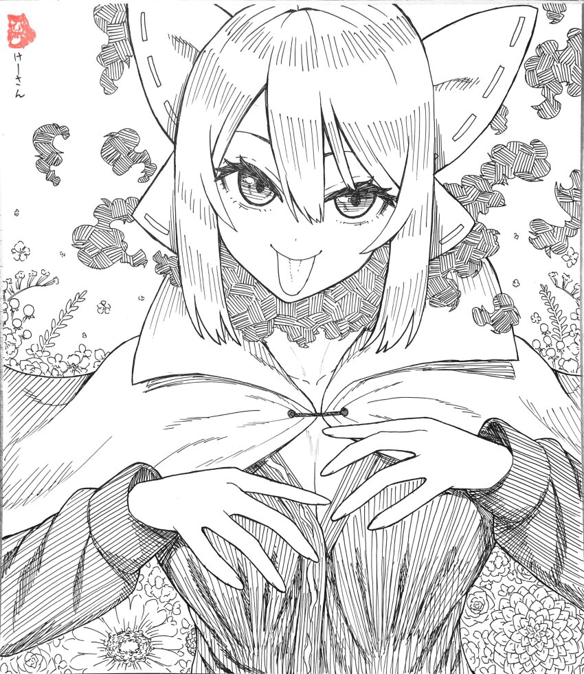 1girl absurdres bow breasts cleavage cloak commentary_request flower greyscale hair_between_eyes hair_bow highres ke-su long_sleeves looking_at_viewer medium_breasts monochrome sekibanki short_hair simple_background solo tongue tongue_out touhou upper_body