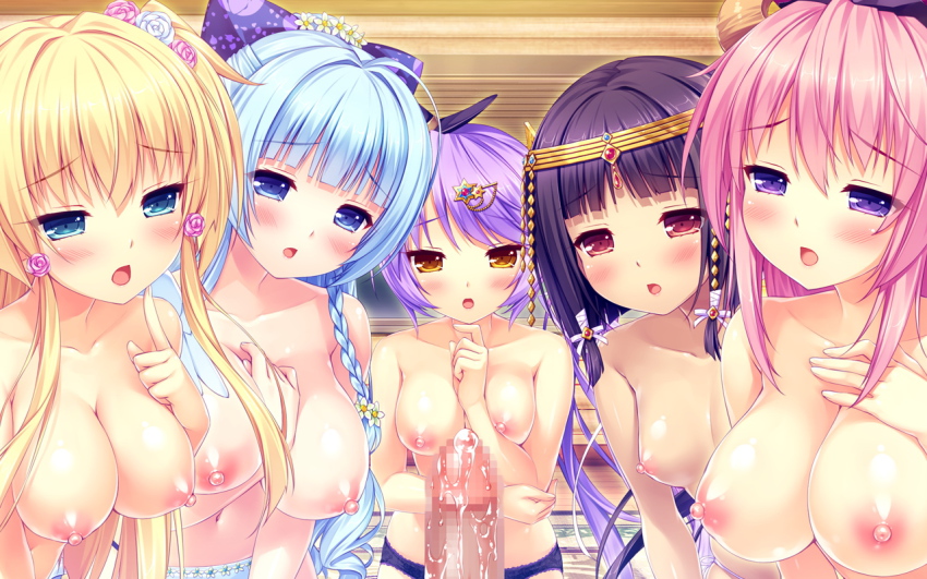 5girls aoi_miyabi arisegawa_arle arm_between_breasts ayasaki_yuu between_breasts black_hair black_panties blonde_hair blue_eyes blue_hair blunt_bangs blush boku_to_koi_suru_ponkotsu_akuma. bow breast_suppress breasts censored dark_skin finger_to_mouth flower fujima_emiri game_cg hair_bow hair_flower hair_ornament harem horns kiritani_riria large_breasts long_hair mosaic_censoring multiple_girls navel nipples open_mouth panties penis penis_awe pink_hair pink_panties precum purple_eyes purple_hair red_eyes sayori_(neko_works) small_breasts two_side_up underwear white_panties yellow_eyes