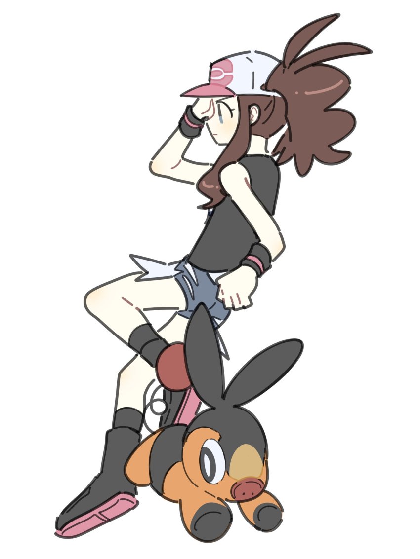 1girl baseball_cap black_footwear blue_shorts brown_hair creature creatures_(company) dawnlover_01 denim denim_shorts full_body game_freak gen_5_pokemon hat highres hilda_(pokemon) long_hair nintendo pokemon pokemon_(creature) pokemon_bw ponytail shoes short_shorts shorts simple_background tepig white_background white_headwear wristband