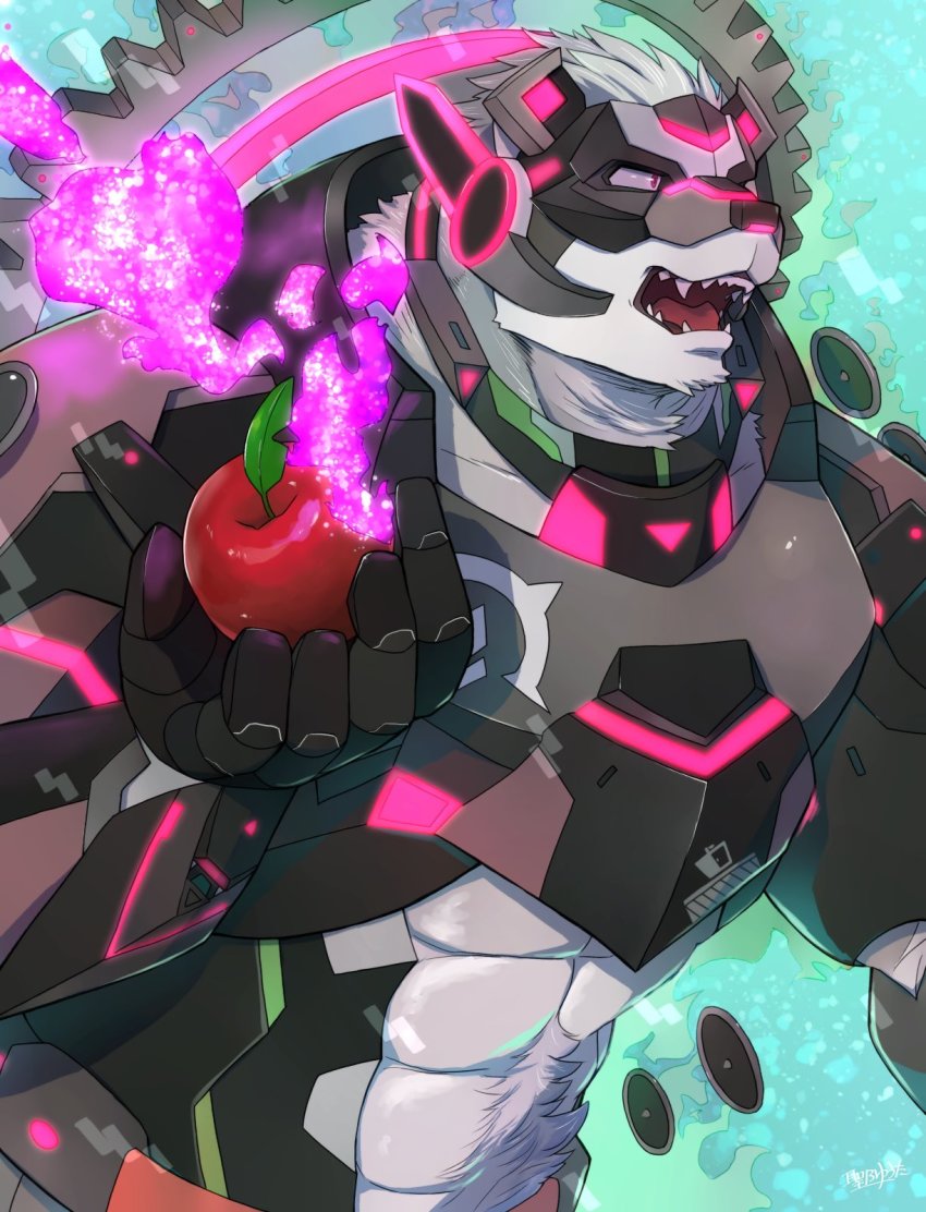 1boy abs abs_cutout animal_ears apple armor bara bear_boy bear_ears body_fur colored_sclera commentary_request enigma_(housamo) fangs fangs_out food fruit furry furry_male gears green_background highres hijirino_yuuta holding holding_food holding_fruit male_focus mask muscular muscular_male open_mouth pink_eyes apple short_hair solo tokyo_houkago_summoners upper_body white_fur