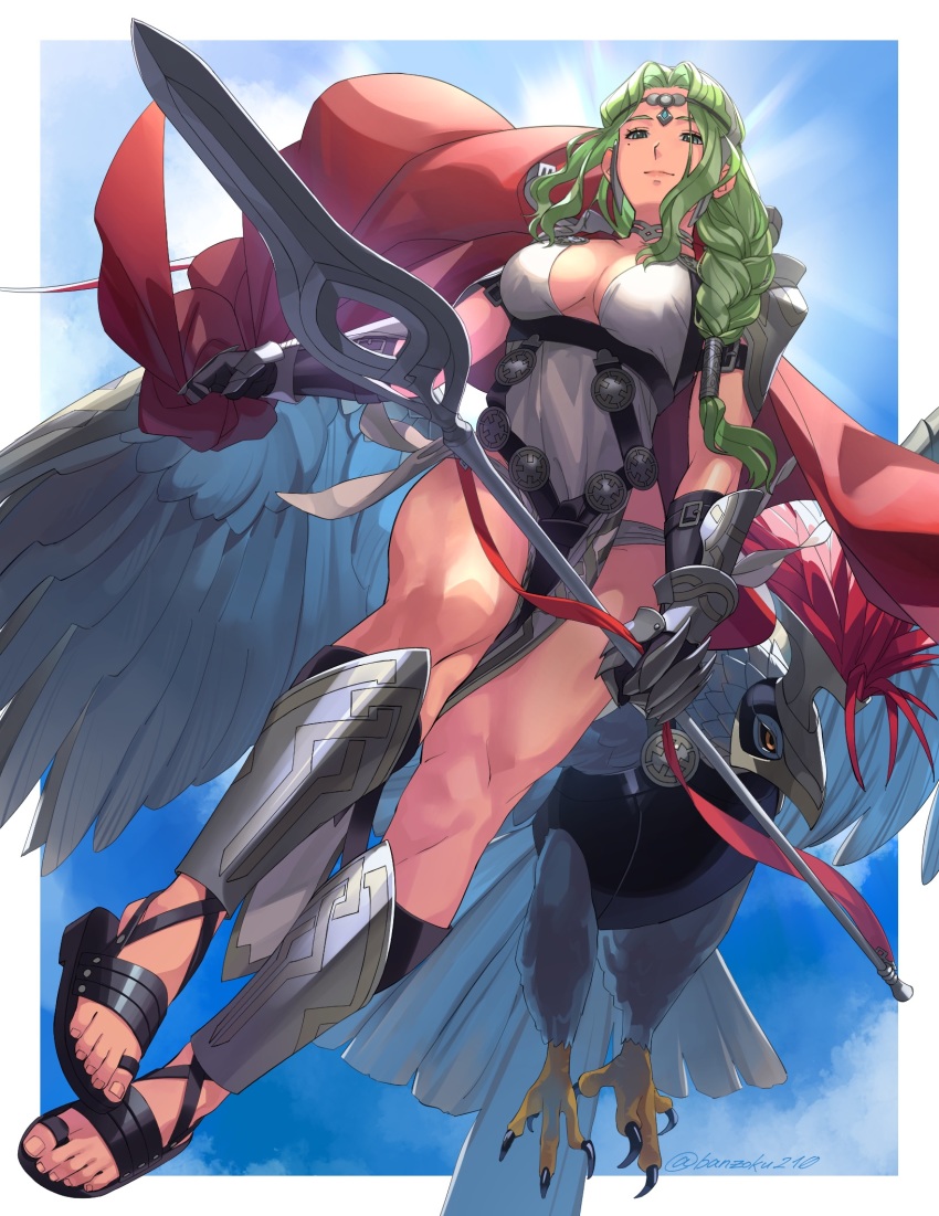 1girl animal armor asagi_(banzoku210) bird breasts cape circlet claws cleavage dress female_focus fire_emblem fire_emblem_heroes from_below full_body gauntlets green_hair highres holding holding_polearm holding_spear holding_weapon jewelry long_hair looking_at_viewer medium_breasts mole mole_under_eye muscular muscular_female nintendo nott_(fire_emblem) parted_bangs polearm shoulder_armor sleeveless sleeveless_dress smile solo spear toeless_footwear toes torn_cape torn_clothes transparent_background weapon white_dress