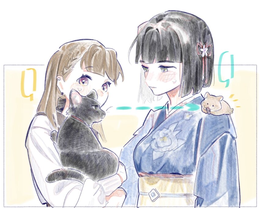 2girls animal animal_on_shoulder arrow_(symbol) black_hair blank_speech_bubble blue_kimono blunt_bangs blunt_ends braid breasts brown_hair casual cat center-flap_bangs closed_mouth commentary dotted_line flower flower_knot green_eyes hair_flower hair_ornament hamster highres holding holding_animal holding_cat japanese_clothes kachimachi_kosuzu kimono link!_like!_love_live! long_hair long_sleeves love_live! medium_breasts momose_ginko multiple_girls obi official_alternate_costume pet pink_eyes platunoy_787 puffy_long_sleeves puffy_sleeves sash seed shirt short_hair side_braids speech_bubble straight_hair sunflower_seed sweatdrop virtual_youtuber white_shirt yellow_sash