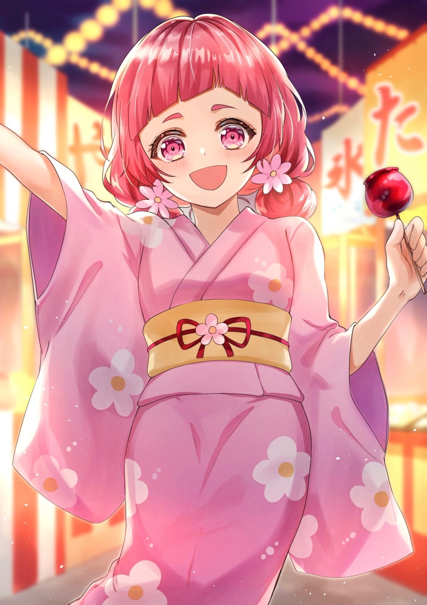 1girl alternate_costume blush candy candy_apple floral_print_kimono flower food hair_flower hair_ornament highres holding holding_candy holding_food hugtto!_precure japanese_clothes kimono long_hair looking_at_viewer low_twintails muginome_(bakuga_chan2) nono_hana open_mouth pink_eyes pink_hair pink_kimono precure sash short_eyebrows smile solo twintails yellow_sash