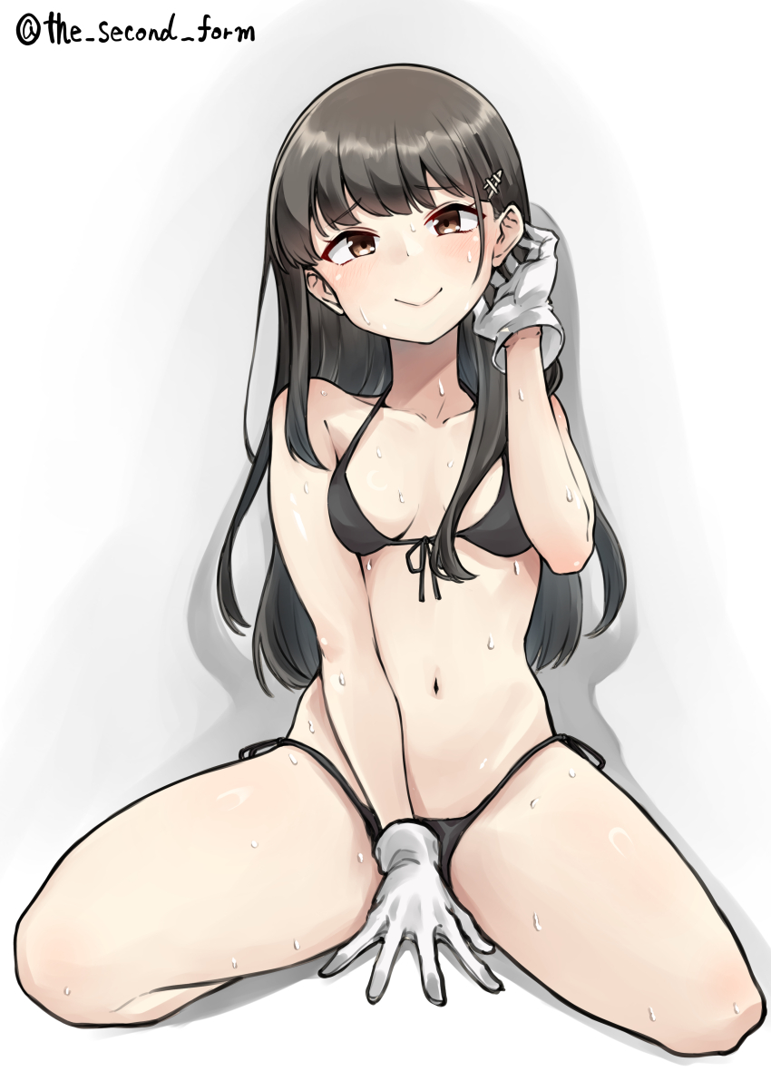 1girl absurdres bikini black_bikini black_hair breasts brown_eyes commission front-tie_bikini_top front-tie_top full_body gloves hayashio_(kancolle) highres holly_dainikeitai kantai_collection long_hair side-tie_bikini_bottom sitting skeb_commission small_breasts solo swimsuit twitter_username wariza white_background white_gloves