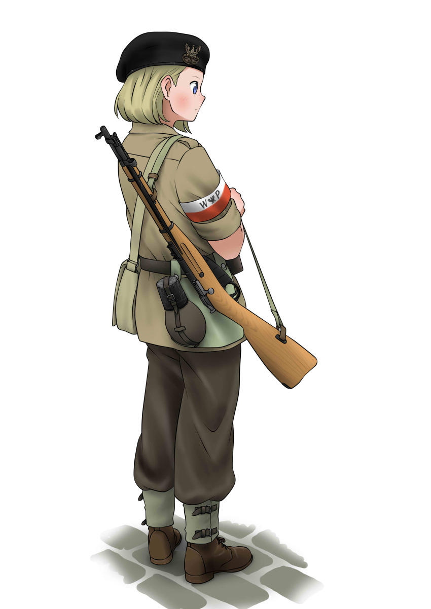 absurdres blonde_hair bolt_action commentary english_commentary gaiters gun highres holding holding_gun holding_weapon mardjan mosin-nagant mosin-nagant_(girls&#039;_frontline) original poland polish_flag rifle weapon world_war_ii