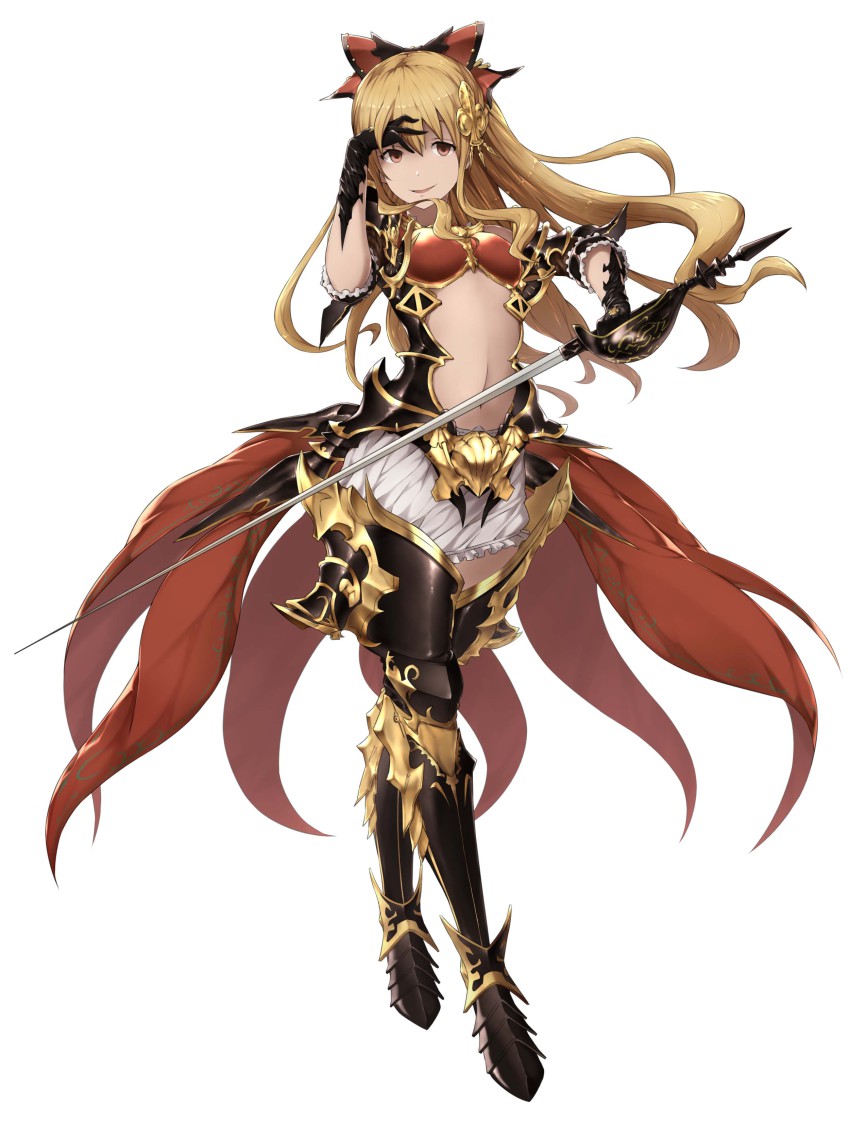 10s 1girl absurdres armor blonde_hair bow breastplate brown_eyes center_opening female_focus floating_hair frills full_body gauntlets granblue_fantasy hair_bow hair_ornament hand_on_forehead highres holding holding_sword holding_weapon jewelry long_hair long_sword looking_at_viewer navel parted_lips ponytail rapier shoulder_pads simple_background skirt solo sword takahan vira_(granblue_fantasy) weapon white_background white_skirt