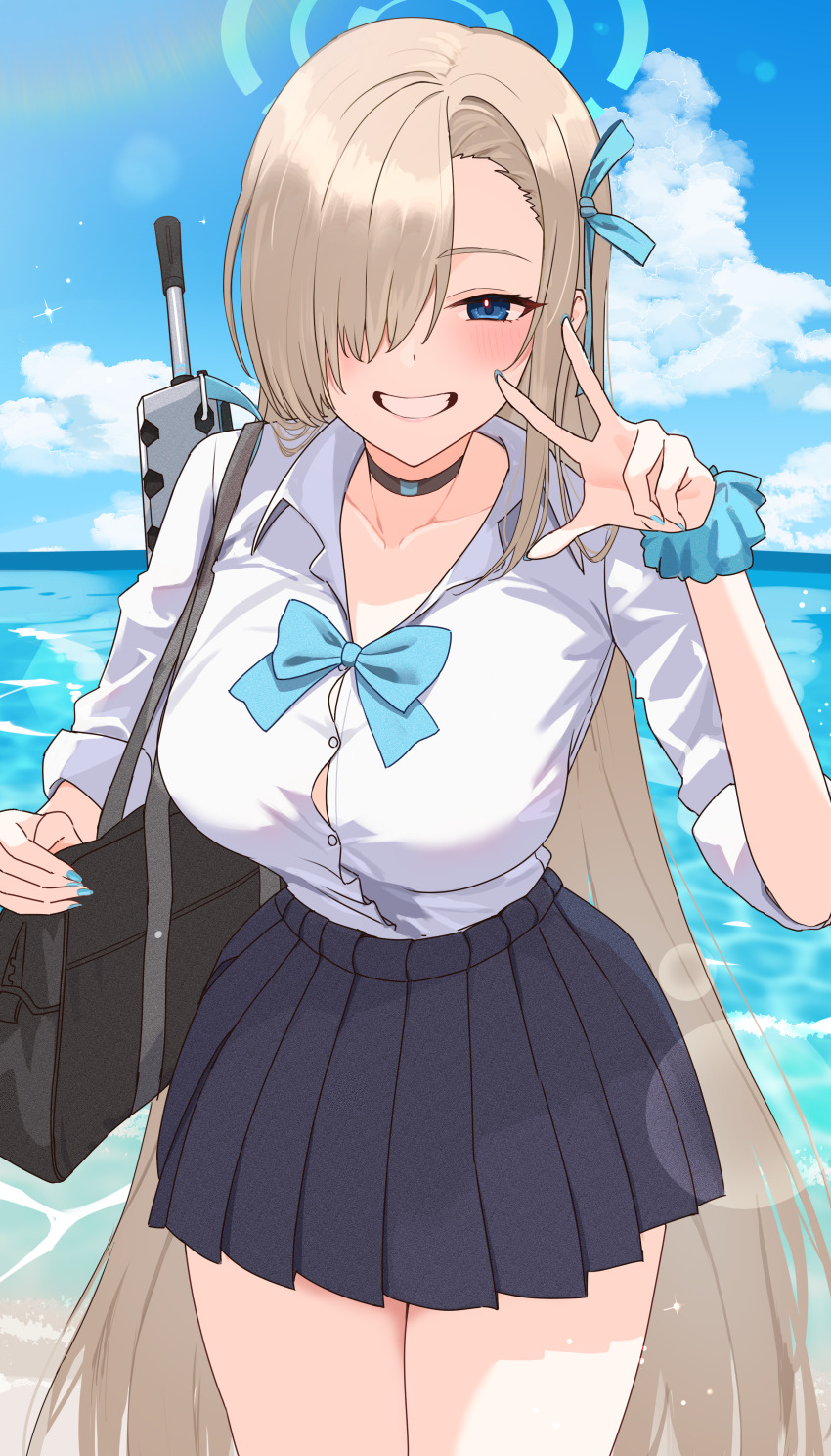 1girl absurdres assault_rifle asuna_(blue_archive) black_bag black_choker black_skirt blonde_hair blue_archive blue_eyes blue_halo blue_nails blue_ribbon blue_scrunchie blue_sky blush breasts bullpup choker cloud commentary_request cowboy_shot day den_(den1115_) famas grin gun hair_over_one_eye hair_ribbon halo hand_up highres large_breasts long_hair long_sleeves looking_at_viewer ocean one_eye_covered outdoors pleated_skirt ribbon rifle school_uniform scrunchie shirt shirt_tucked_in skirt sky sleeves_rolled_up smile solo standing very_long_hair w weapon white_shirt wrist_scrunchie