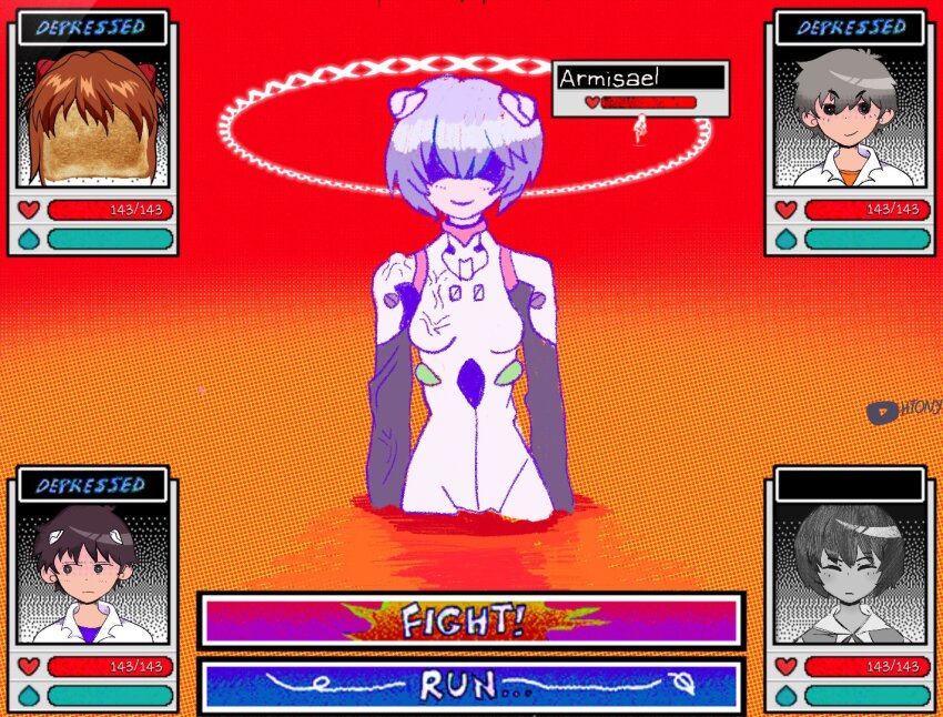 1boy 2girls armisael_(evangelion) ayanami_rei blue_hair boss_fight bread bread_slice brown_hair commentary crossover depressed english_commentary english_text evil_smile food gameplay_mechanics grey_hair halo heads-up_display health_bar heart htony ikari_shinji lcl mecha_pilot_suit multiple_girls nagisa_kaworu neon_genesis_evangelion omori orange_hair plugsuit shaded_face short_hair signature smile souryuu_asuka_langley the_end_of_evangelion toast twitter_username user_interface veins water_drop