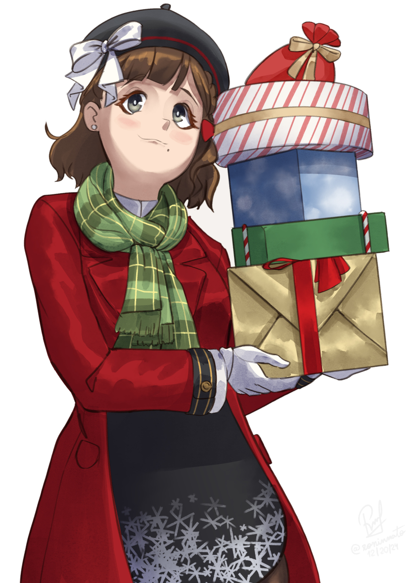 1girl absurdres asahi_(christmas_mode)_(kancolle) asahi_(kancolle) beret black_hat black_skirt blunt_bangs box brown_hair coat gift gift_box gloves green_scarf grey_eyes hat highres kantai_collection mole mole_under_mouth official_alternate_costume one-hour_drawing_challenge plaid_clothes plaid_scarf red_coat ribbon ron_(pixiv83091338) scarf short_hair simple_background skirt snowflake_print solo white_background white_gloves white_ribbon