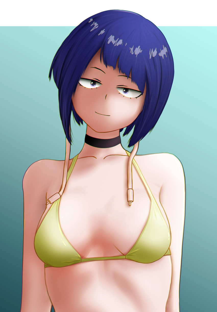 1girl absurdres audio_jack bikini bikini_top_only blunt_bangs boku_no_hero_academia breasts choker henticlesenpai highres jirou_kyouka looking_at_viewer purple_hair shirt short_hair simple_background smile solo swimsuit