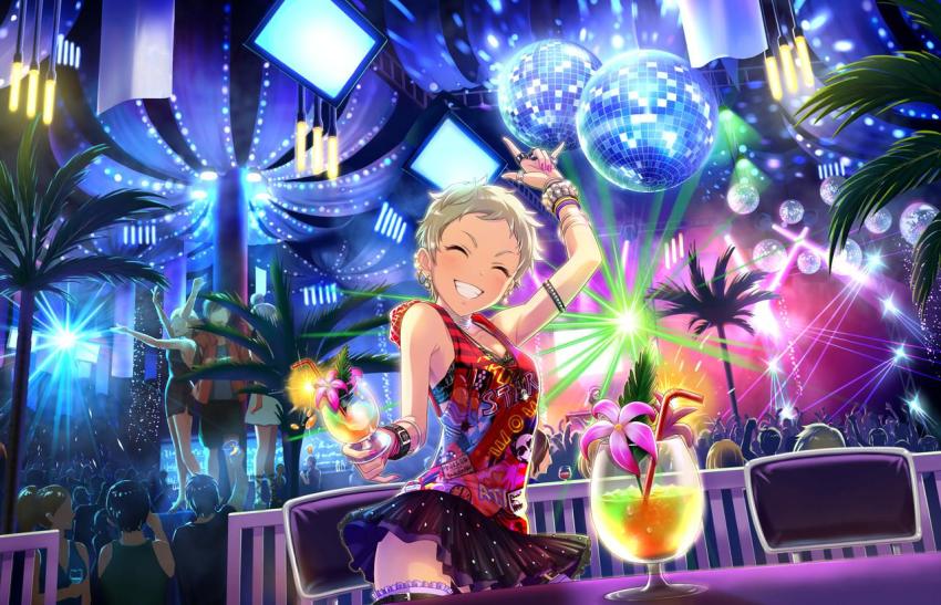 10s 1girl ^_^ artist_request blonde_hair bracelet disco_ball drink ear_piercing earrings closed_eyes grin idolmaster idolmaster_cinderella_girls idolmaster_cinderella_girls_starlight_stage jewelry official_art piercing rave_party senzaki_ema short_hair skirt smile solo_focus very_short_hair